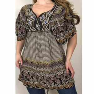 ANGIE Bohemian Tunic Top or Mini Dress Brown and Blue Medium NWT